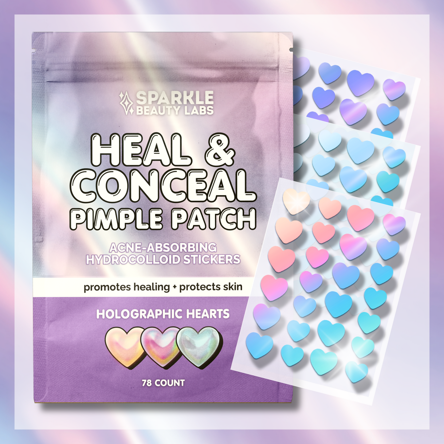 Heal & Conceal Pimple Patch 💜 Holographic Hearts (78 count)